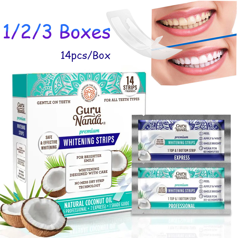 Teeth Whitening Strips Permanent - แผ่นฟอกฟันขาวน้ำมันมะพร้าว 14 ชิ้น/กล่อง, แผ่นฟอกฟันขาวสำหรับขจัดคราบจากควันบุหรี่และกาแฟ, ทำความสะอาดฟัน วีเนียร์