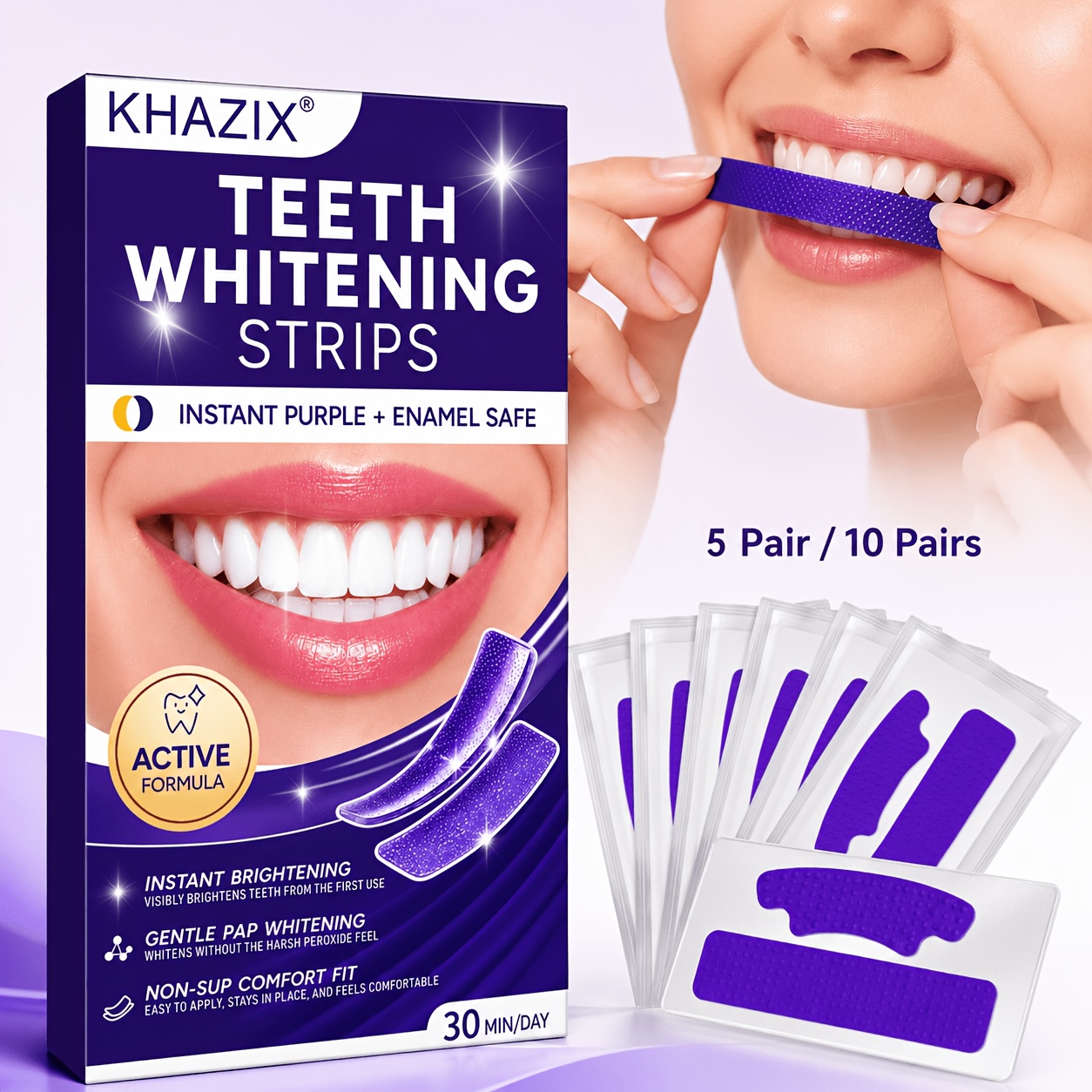 Teeth Whitening Strips Permanent - แถบฟอกฟันขาวสีม่วง 5/10 คู่ ยึดติดกับฟันอย่างแน่นหนา ไม่เลื่อนหลุด ช่วยฟอกฟันให้ขาวอย่างอ่อนโยน