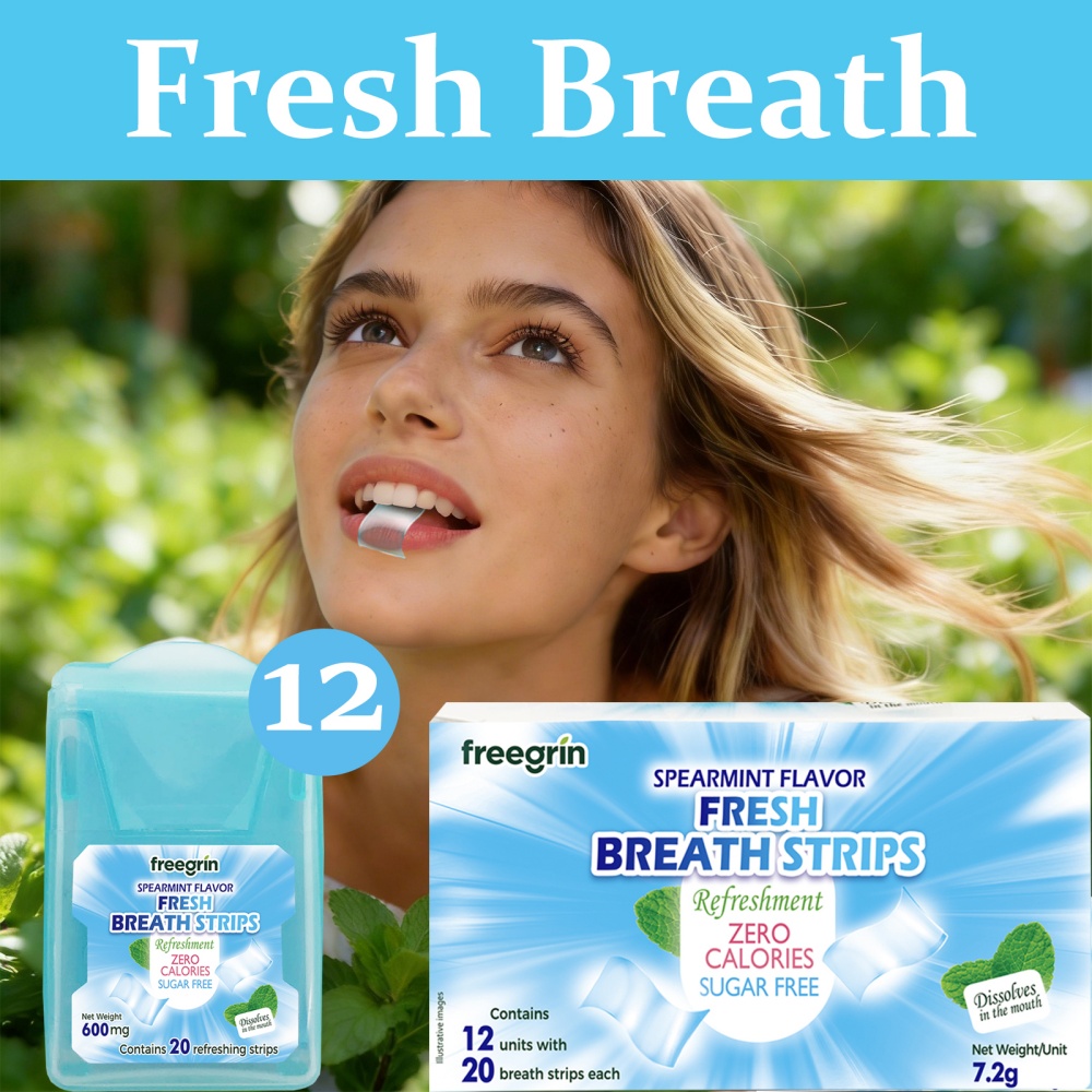 Teeth Whitening Strips Permanent - แผ่นอมรสเปียร์มิ้นต์ FREEGRIN สำหรับลมหายใจหอมสดชื่น พกพาสะดวก แผ่นอมเพิ่มความสดชื่นในช่องปาก เม็ดอมละลายเร็ว