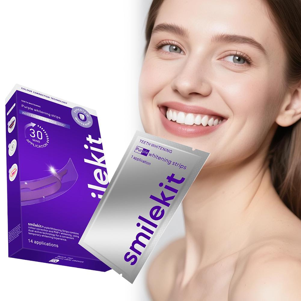 Teeth Whitening Strips Permanent - 42 คู่แถบฟอกสีฟันสีม่วง V34 ตัวแก้ไขสีฟัน ลมหายใจสดชื่น ลบคราบ