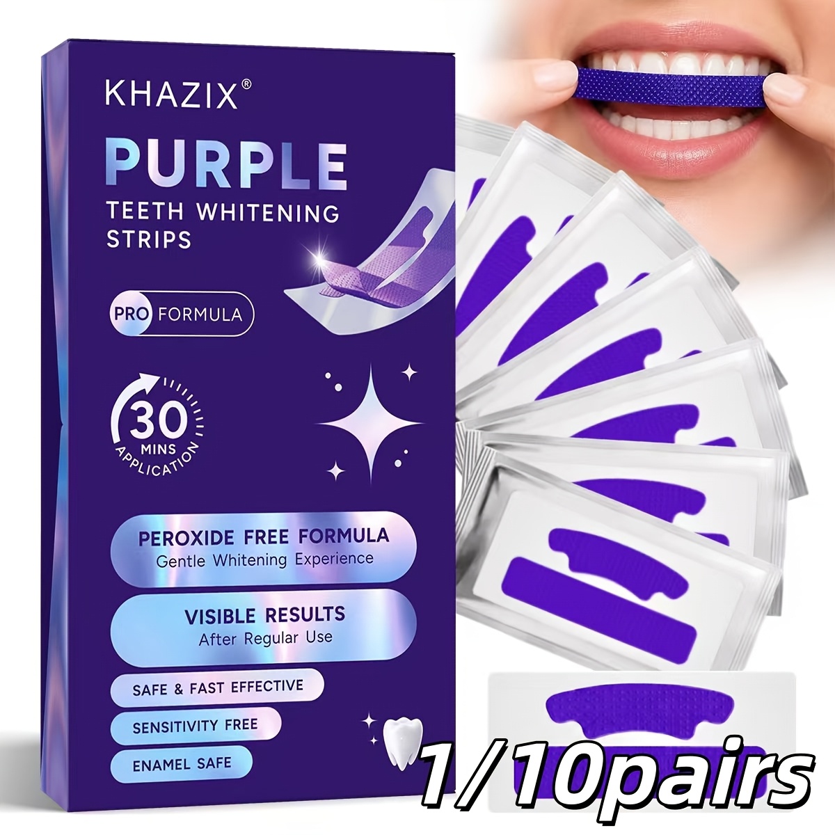 แถบฟอกฟันขาวสีม่วง 1/10 คู่ แน - Teeth Whitening Strips Permanent บทวิจารณ์และราคา